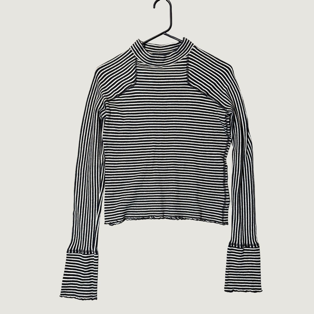 Free People Black White Striped Ribbed Mock Neck Long Sleeve Top Size M
